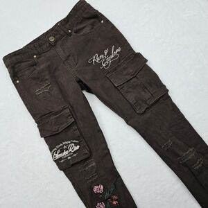 Smoke Rise Mens 32W 30L Cargo Jeans Brown Denim Distressed Floral Streetwear